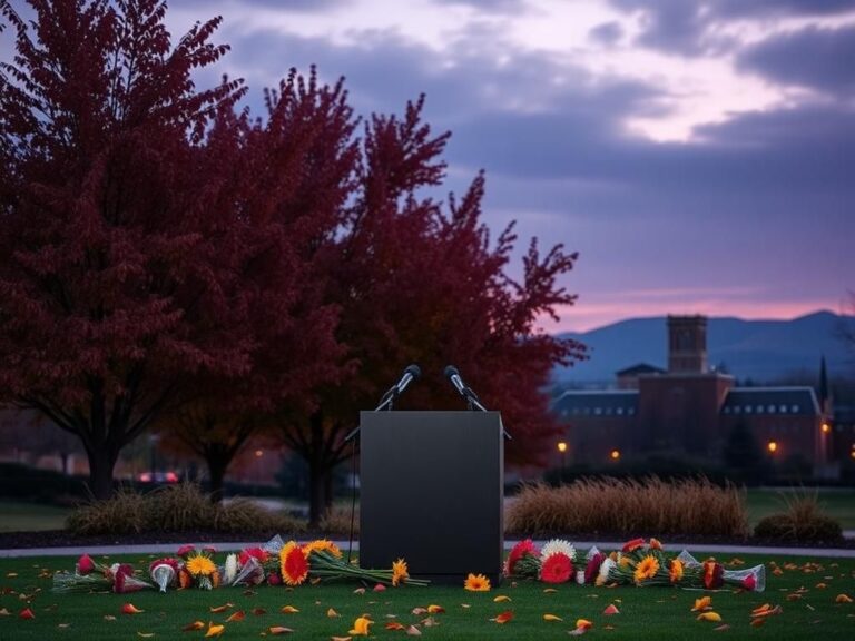 Flick International Empty podium surrounded by flowers on a university campus in Utah, symbolizing loss and tribute to Charlie Kirk.