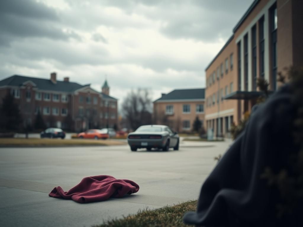 Flick International A somber empty college courtyard with a dark gray Dodge Challenger parked nearby