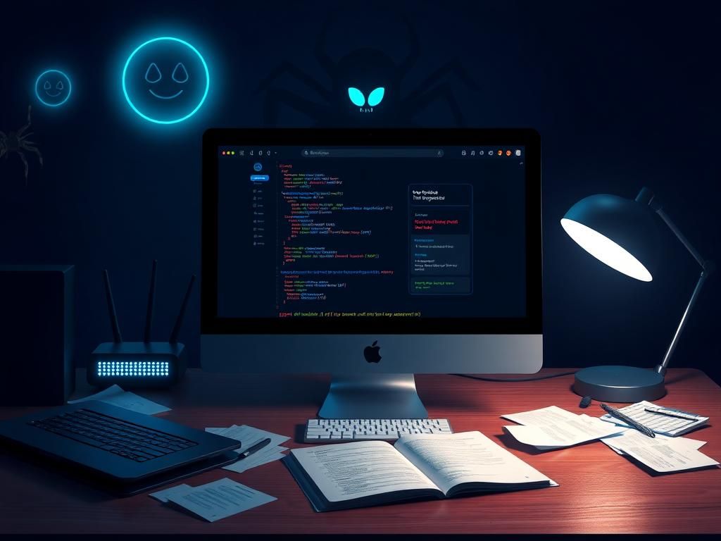 Flick International A dark illustration of a sleek Mac computer on a wooden desk surrounded by hacker symbols and a menacing spider background