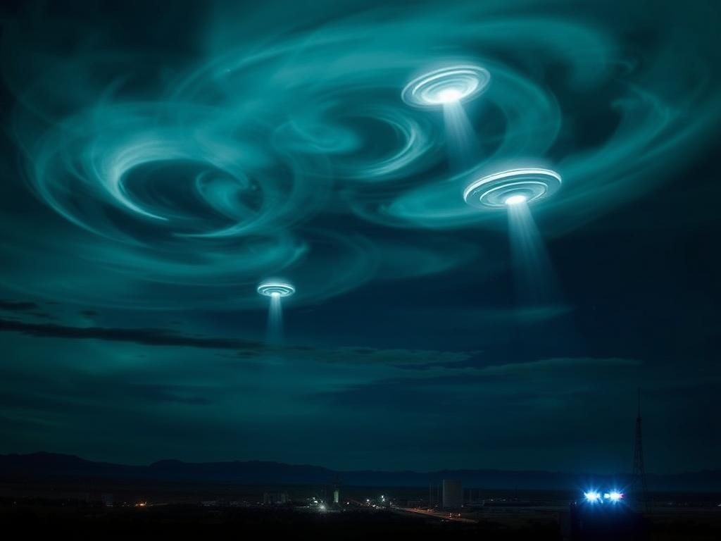 Flick International Dramatic night sky filled with swirling clouds and lights indicative of unidentified aerial phenomena