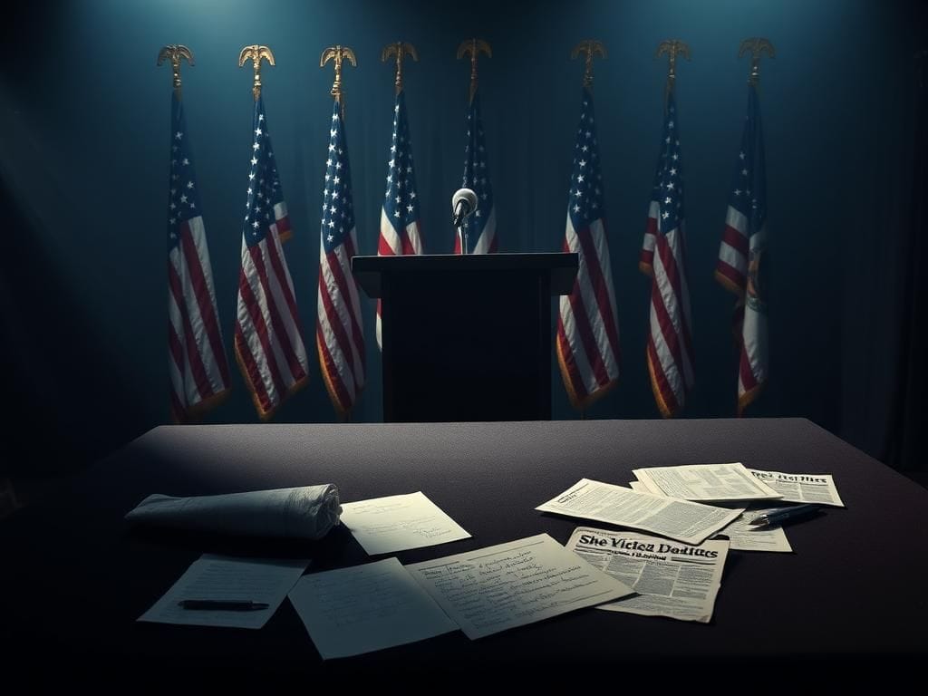 Flick International Empty podium with a microphone and muted American flags in the background, symbolizing political tension