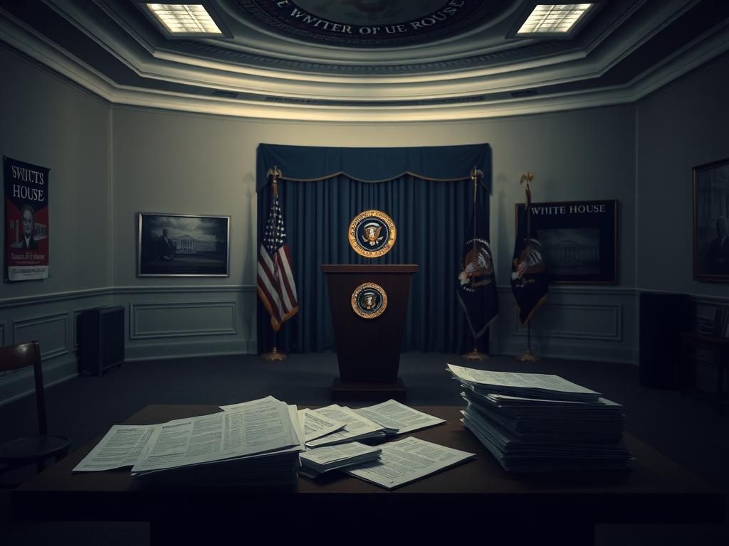 Flick International Empty White House briefing room with presidential seal, evoking a sense of tension and uncertainty