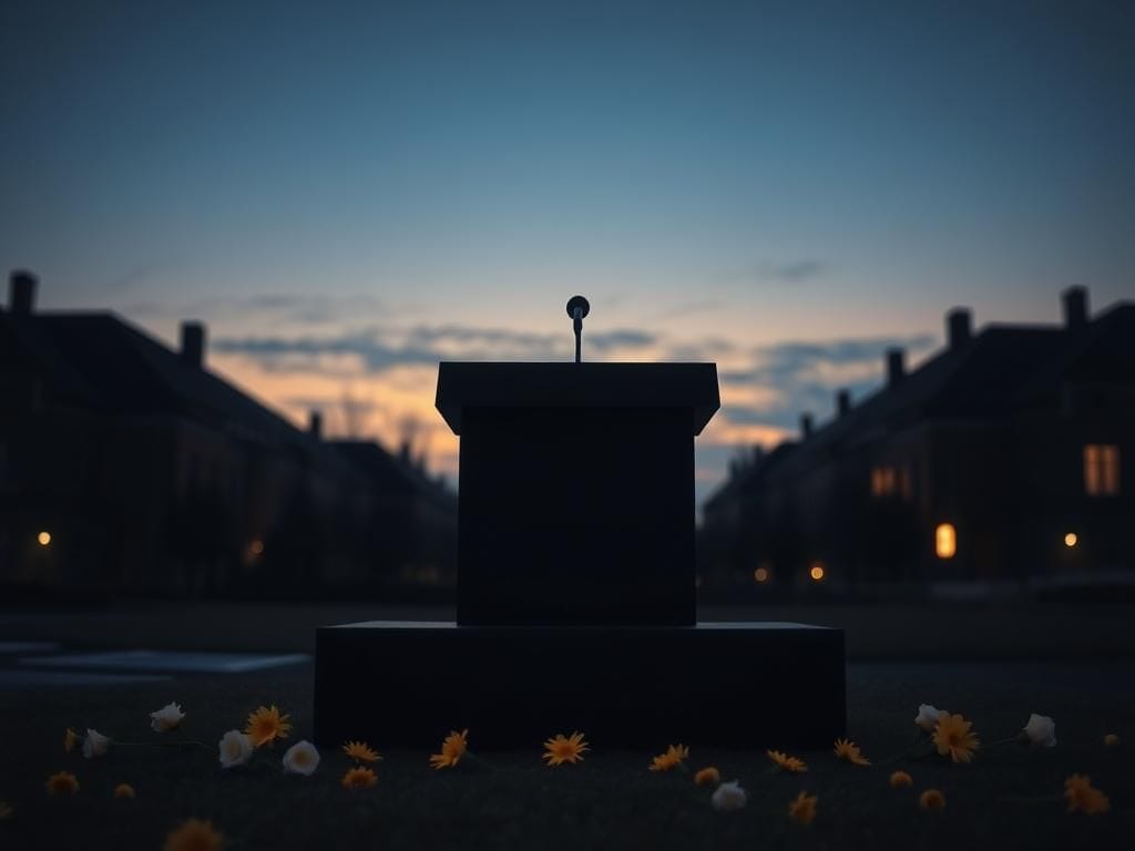 Flick International Empty podium with microphone surrounded by flowers at twilight
