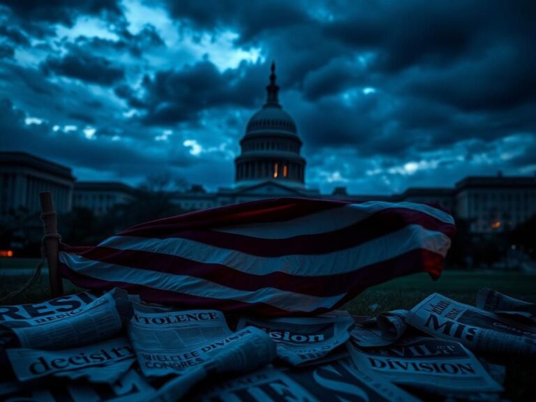 Flick International A dramatic urban landscape at dusk featuring a silhouette of Congress and a crumpled American flag
