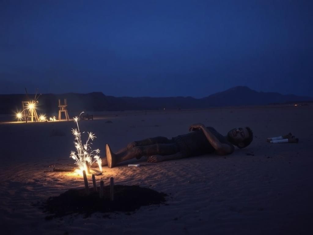Flick International A dimly lit scene at the Burning Man festival with a charred wooden effigy and eerie shadows.