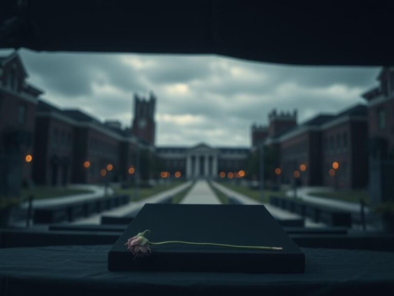 Flick International Empty podium at a university campus signifying mourning and loss