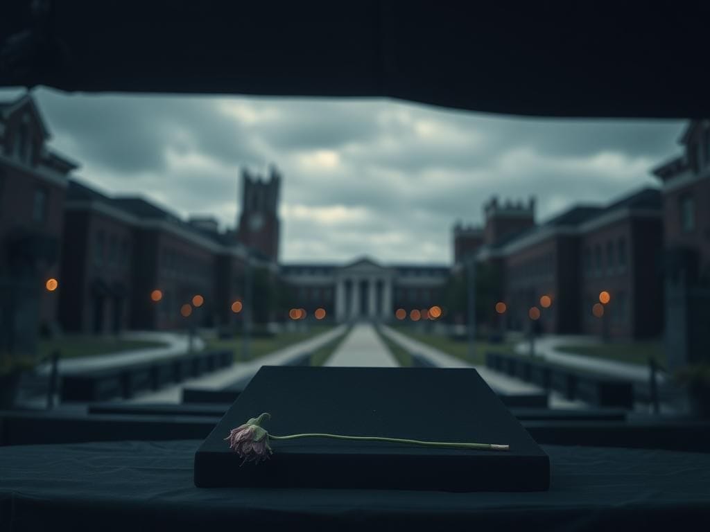 Flick International Empty podium at a university campus signifying mourning and loss