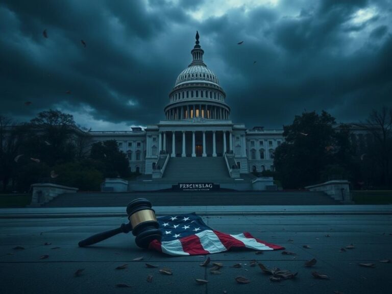 Flick International A somber view of the U.S. Capitol building under twilight with storm clouds overhead, featuring a broken political symbol on the steps.