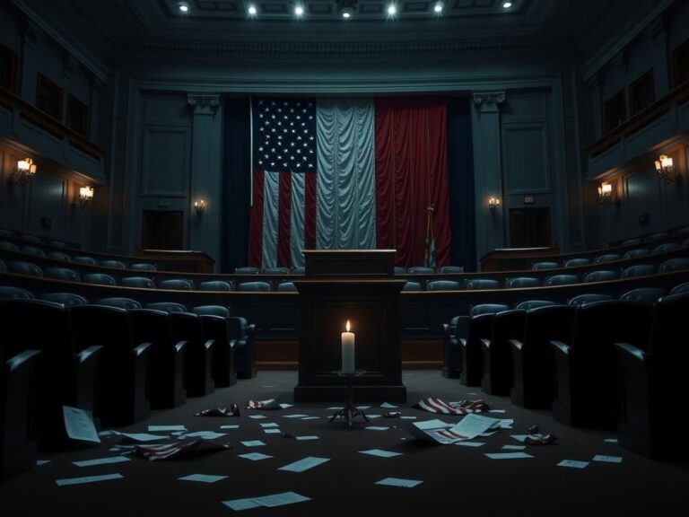 Flick International A somber congress chamber with empty seats and an American flag, symbolizing a divided political climate.