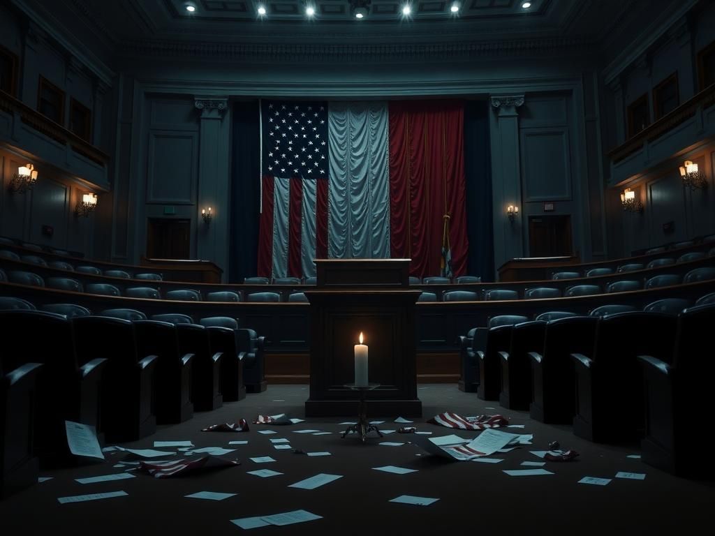 Flick International A somber congress chamber with empty seats and an American flag, symbolizing a divided political climate.