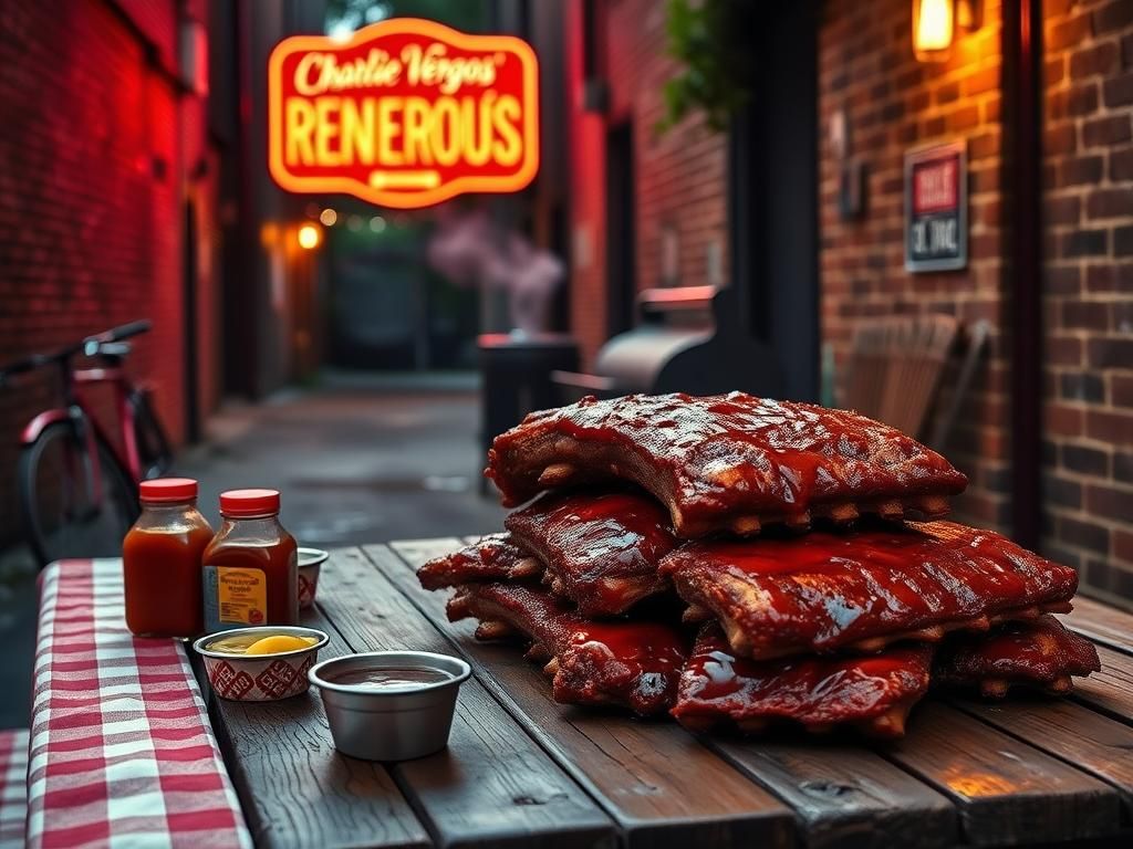Flick International Rustic outdoor scene capturing the essence of Memphis barbecue culture with wooden picnic table and smoky beef ribs.