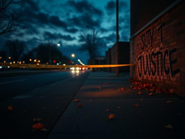 Flick International A dark, empty street with flashing police lights and autumn leaves
