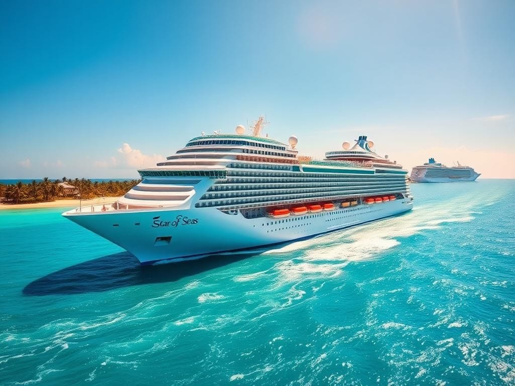Flick International World's largest cruise ship, Star of the Seas, sailing through turquoise waters