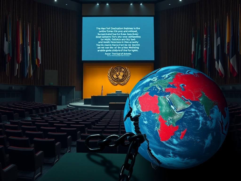 Flick International A dramatic U.N. assembly hall with empty seats and a large illuminated globe at the center symbolizing global diplomacy.