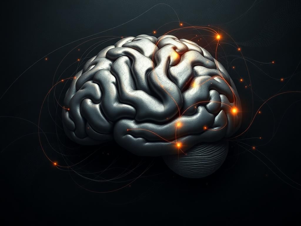 Flick International Abstract representation of brain health with a central stylized brain in metallic gray and bronze, symbolizing iron levels related to Alzheimer's risk