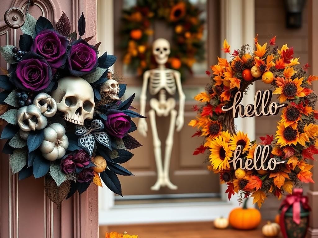 Flick International Festive autumn wreaths adorned with pumpkins, roses, and gothic elements