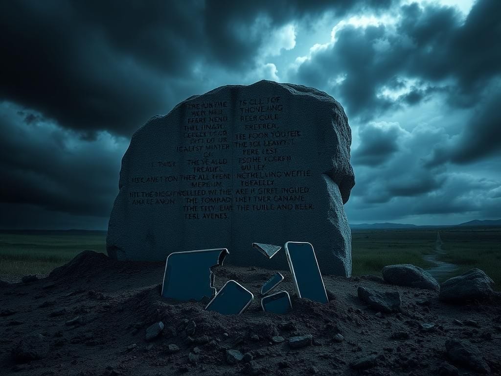 Flick International Dimly lit landscape featuring a weathered stone with Biblical inscriptions and a shattered social media icon symbolizing misinformation fallout.