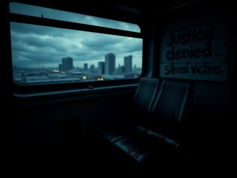Flick International Dimly lit train interior showcasing an empty, stained seat symbolizing violence and tragedy