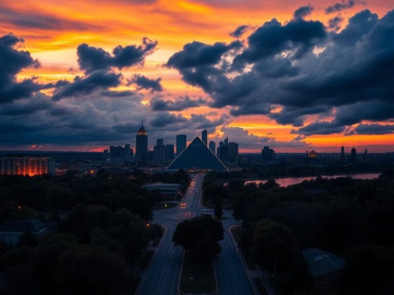 Flick International Aerial view of Memphis at dusk showcasing the skyline and Mississippi River