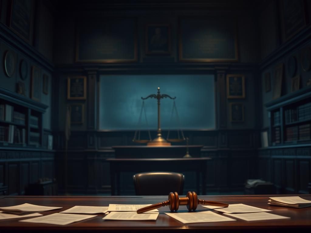 Flick International Dimly lit courtroom interior with empty witness stand and scattered legal documents