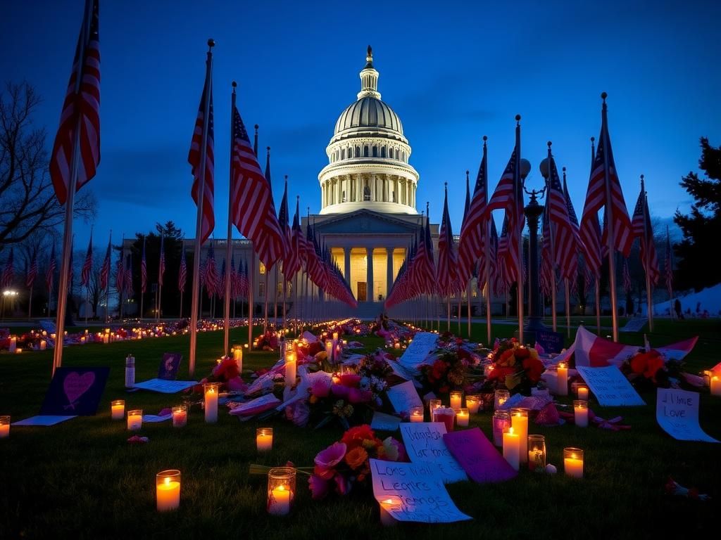Flick International Twilight scene at Utah State Capitol with flags at half-staff