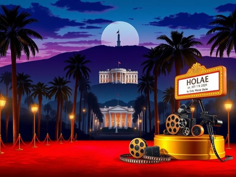 Flick International Vibrant Hollywood landscape at dusk with iconic palm trees and a red carpet