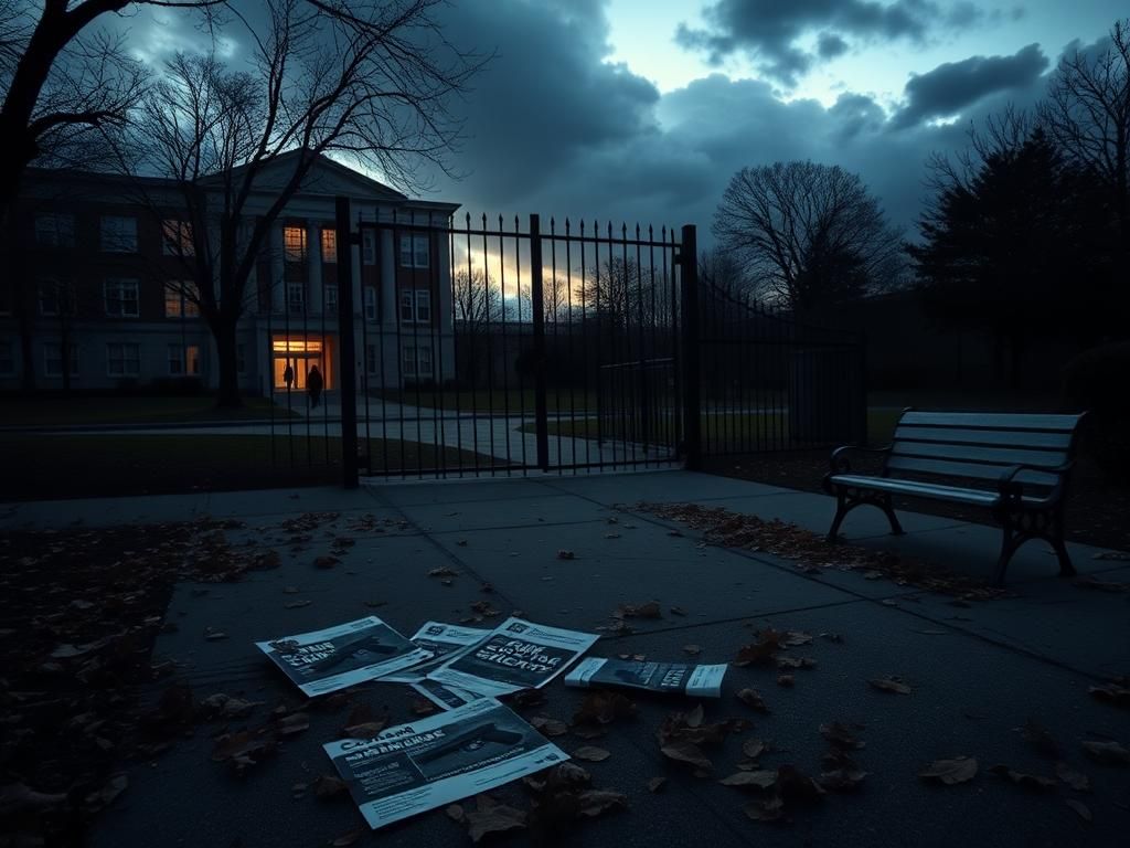 Flick International Somber university campus at dawn with a locked gate and scattered gun rights leaflets