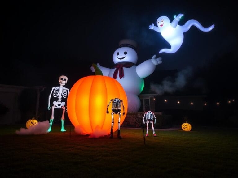 Flick International Nighttime Halloween display featuring giant inflatables and spooky animatronics