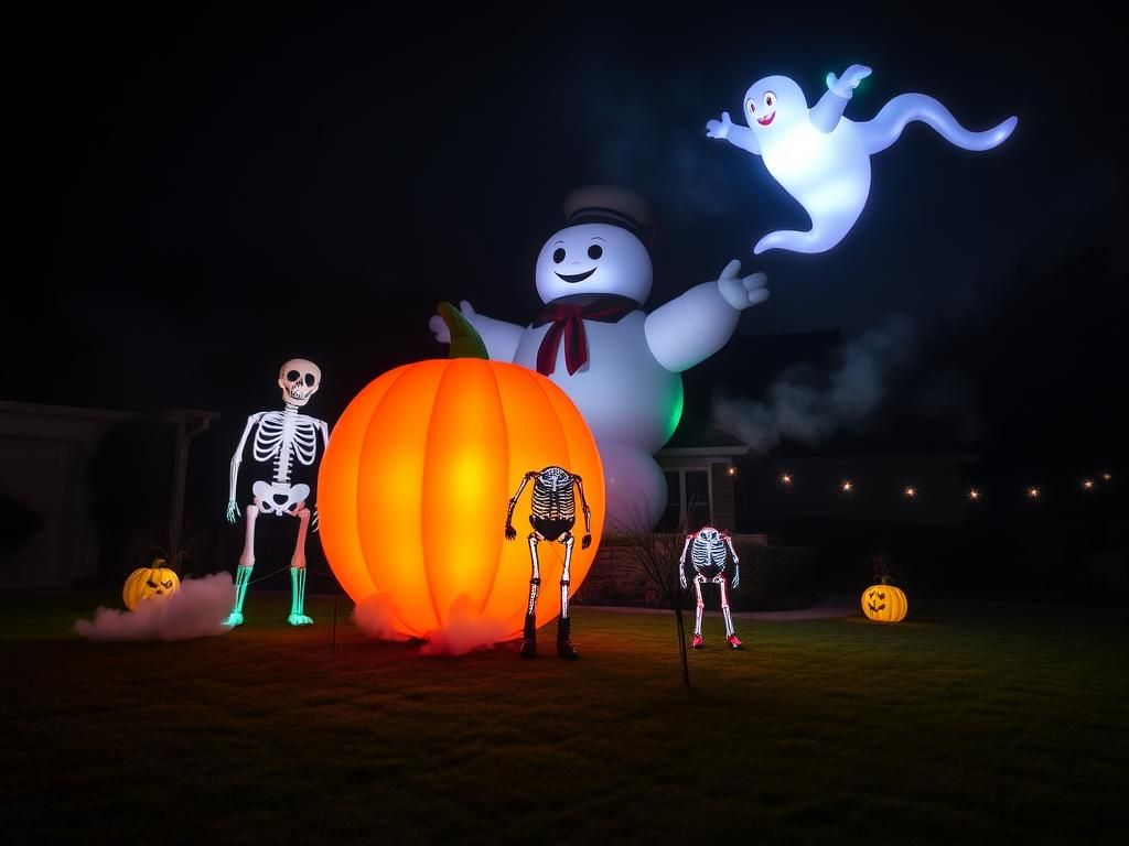 Flick International Nighttime Halloween display featuring giant inflatables and spooky animatronics