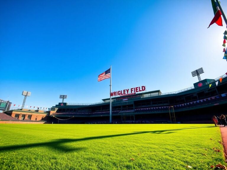 Flick International American flag flying at half-staff at Wrigley Field with a clear blue sky in the background