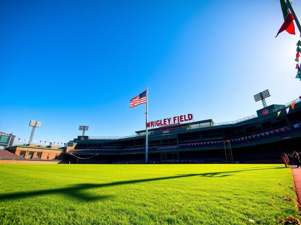 Flick International American flag flying at half-staff at Wrigley Field with a clear blue sky in the background