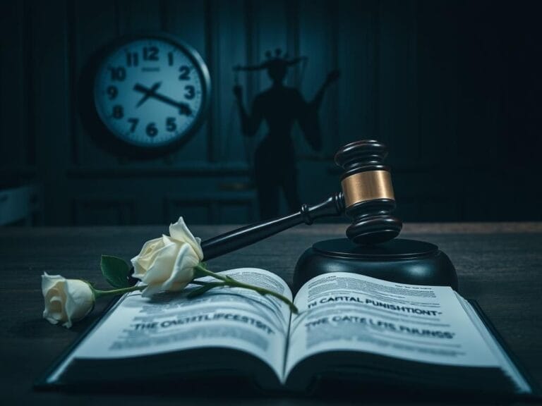 Flick International A dimly lit courtroom scene with a gavel and an open legal book on capital punishment