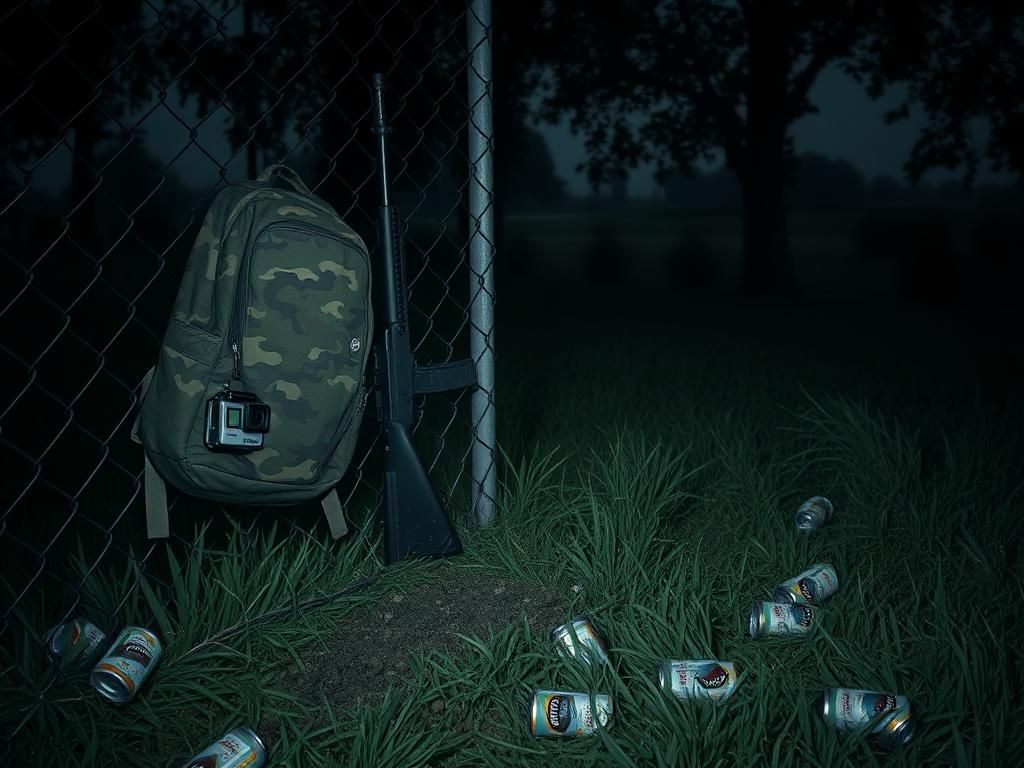 Flick International Camouflage backpacks and rifle at a golf course, suggesting a sniper setup