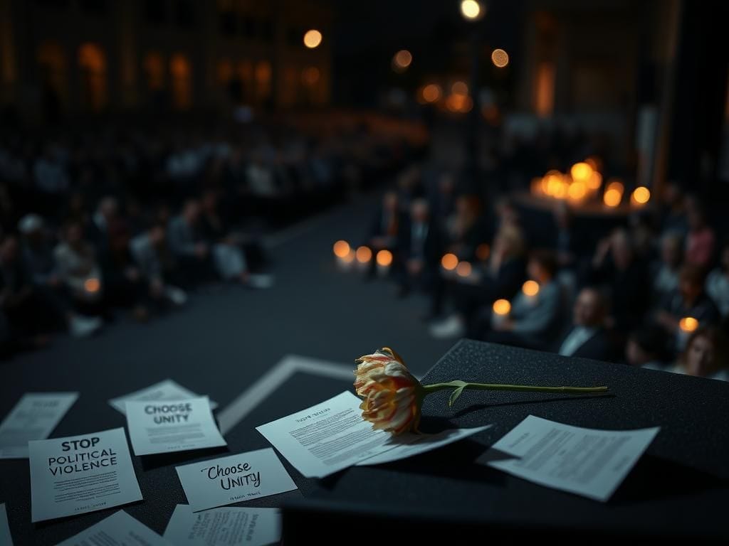 Flick International A wilted flower on a podium amidst political violence protest materials