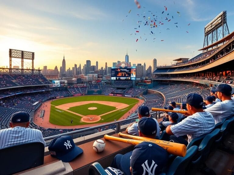 Flick International A vibrant scene at Yankee Stadium after a winning game against the Tigers, showcasing baseball gear and confetti.