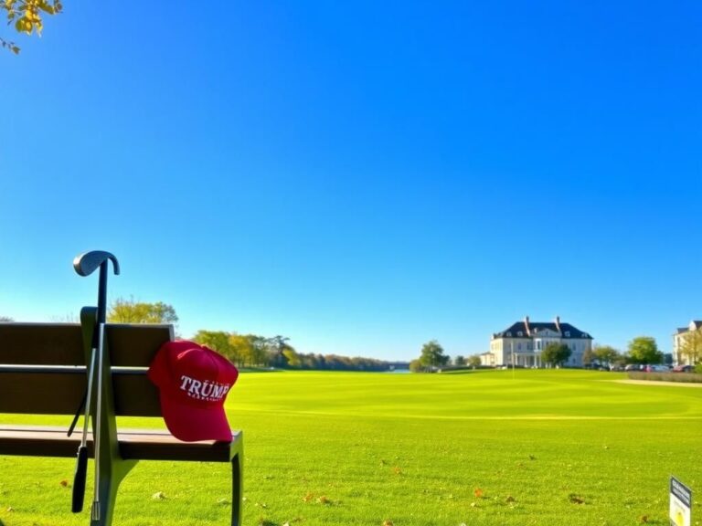 Flick International A red MAGA hat and golf clubs on a bench at an empty golf course under a clear blue sky