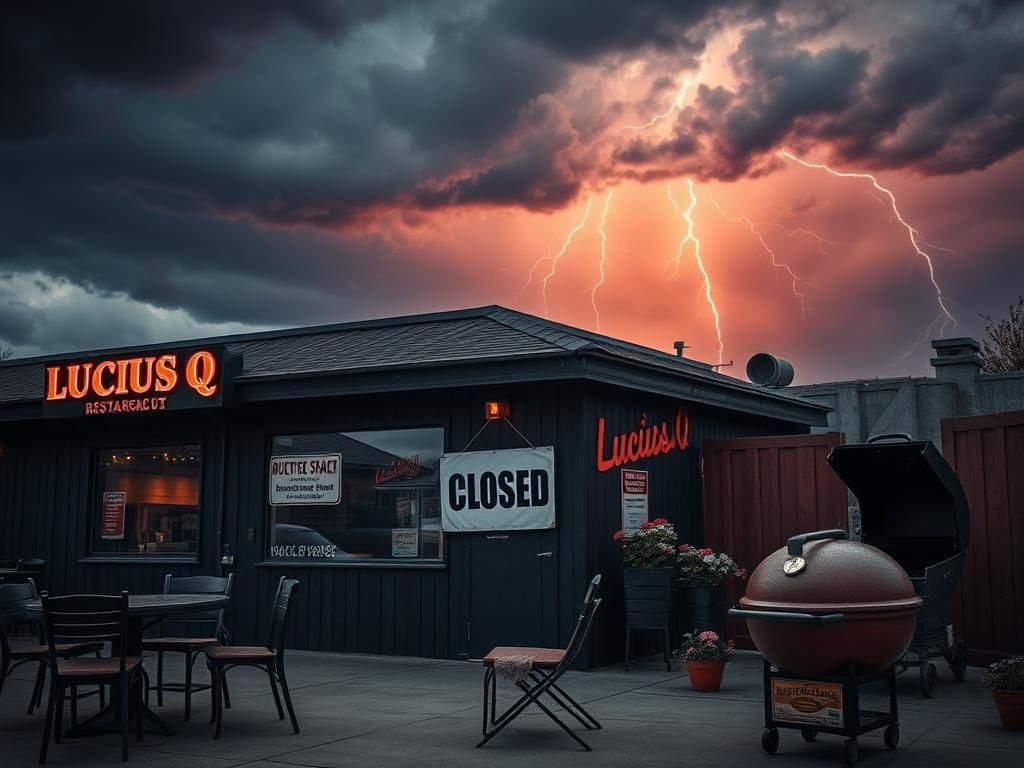 Flick International Closed Lucius Q restaurant with an empty outdoor dining area and stormy skies