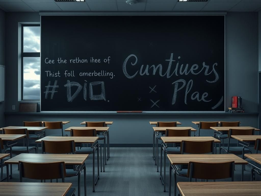 Flick International A somber classroom with empty desks reflecting silence and contemplation