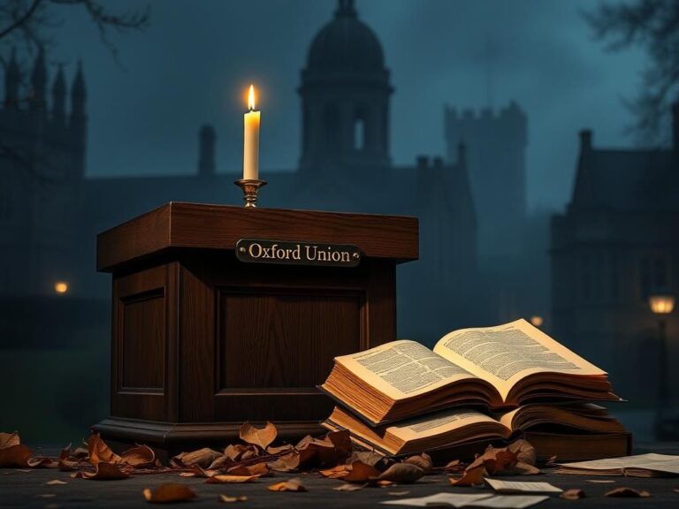 Flick International Weathered oak podium with a brass nameplate reading 'Oxford Union' in a misty twilight setting