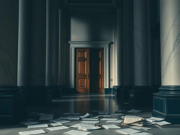 Flick International Somber courthouse corridor with tall marble columns and scattered legal documents