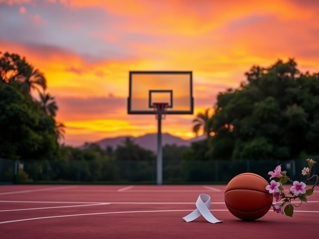 Flick International Serene basketball court at sunset with an empty hoop and a basketball resting nearby