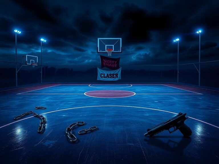 Flick International Abstract representation of a basketball court at night with blue and red lights symbolizing tension