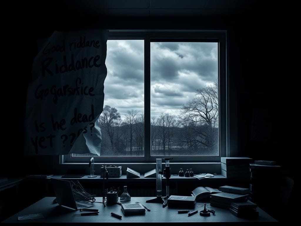 Flick International A dimly lit classroom with crumpled papers covered in controversial phrases and shadows creating an unsettling atmosphere.