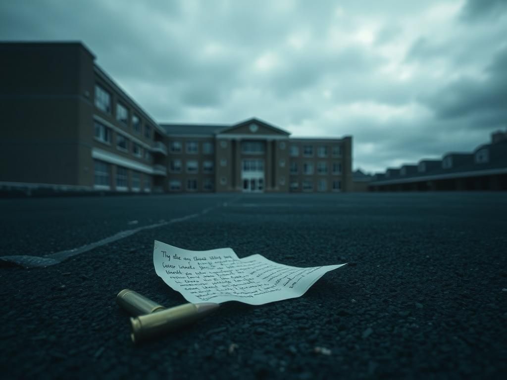 Flick International somber rooftop scene at a college with an overcast sky and a discarded bullet on the asphalt