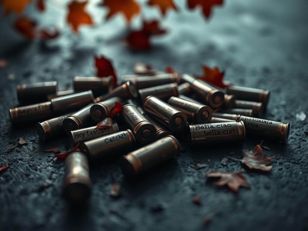 Flick International Close-up of bullet casings with etched messages amidst a dark textured background