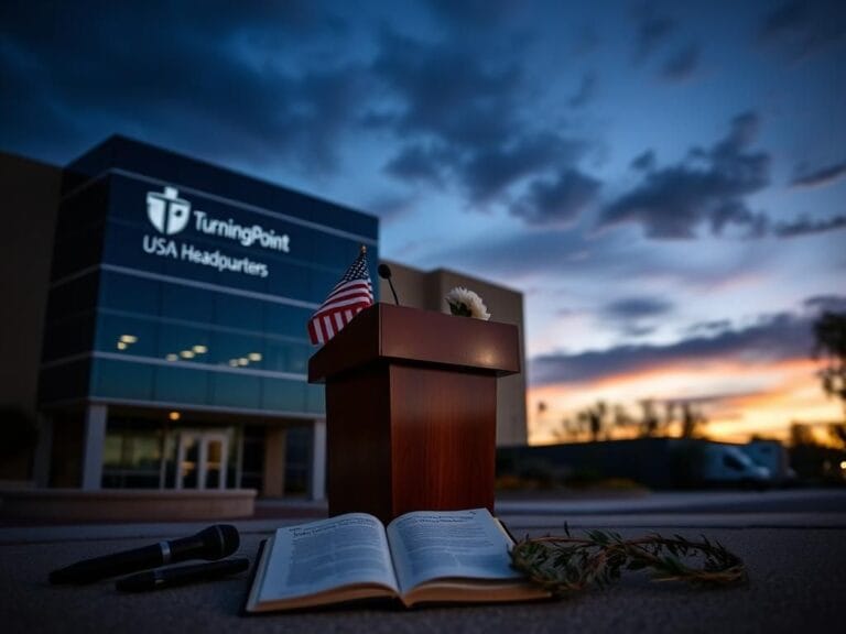 Flick International A serene scene outside Turning Point USA headquarters at dusk with a podium and memorial elements.