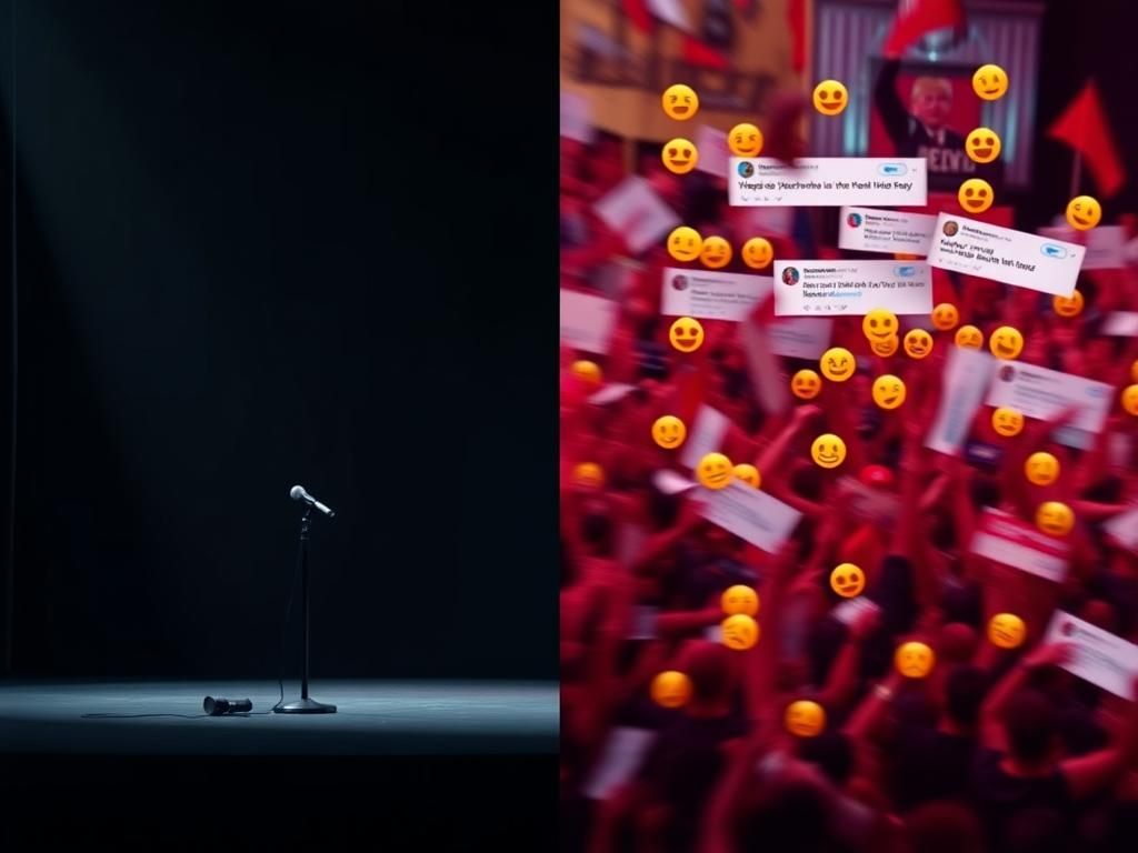 Flick International Split-screen image contrasting a somber political stage with a chaotic social media interface