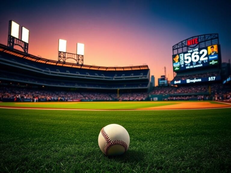 Flick International A baseball resting on home plate at Yankee Stadium with bright stadium lights in the background