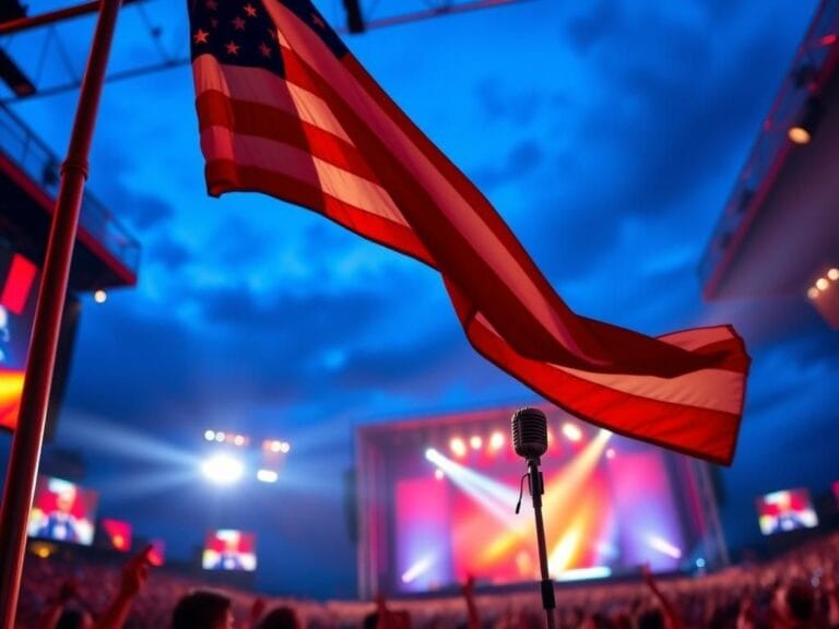 Flick International A vibrant concert scene with an American flag and a vintage microphone representing tribute
