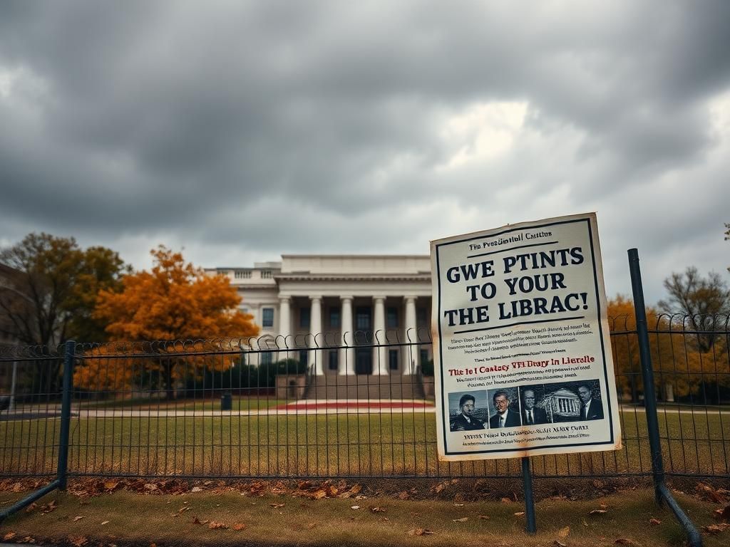 Flick International Exterior view of an unfinished presidential library surrounded by autumn trees
